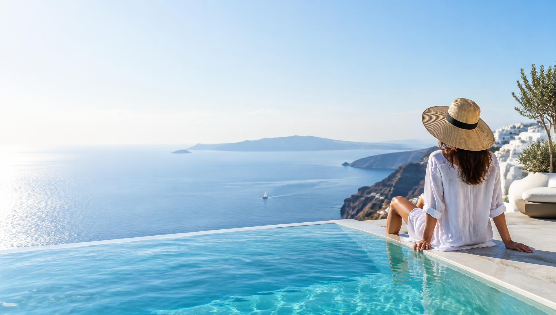 Femme au bord d’une piscine à débordement face à la mer